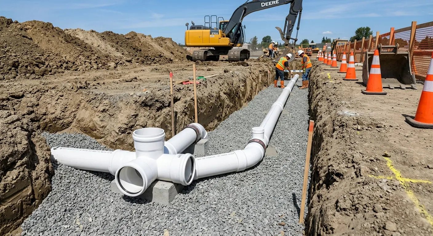 New PVC sewer pipe installation in open trench for Sewer Backup in Shawnee
