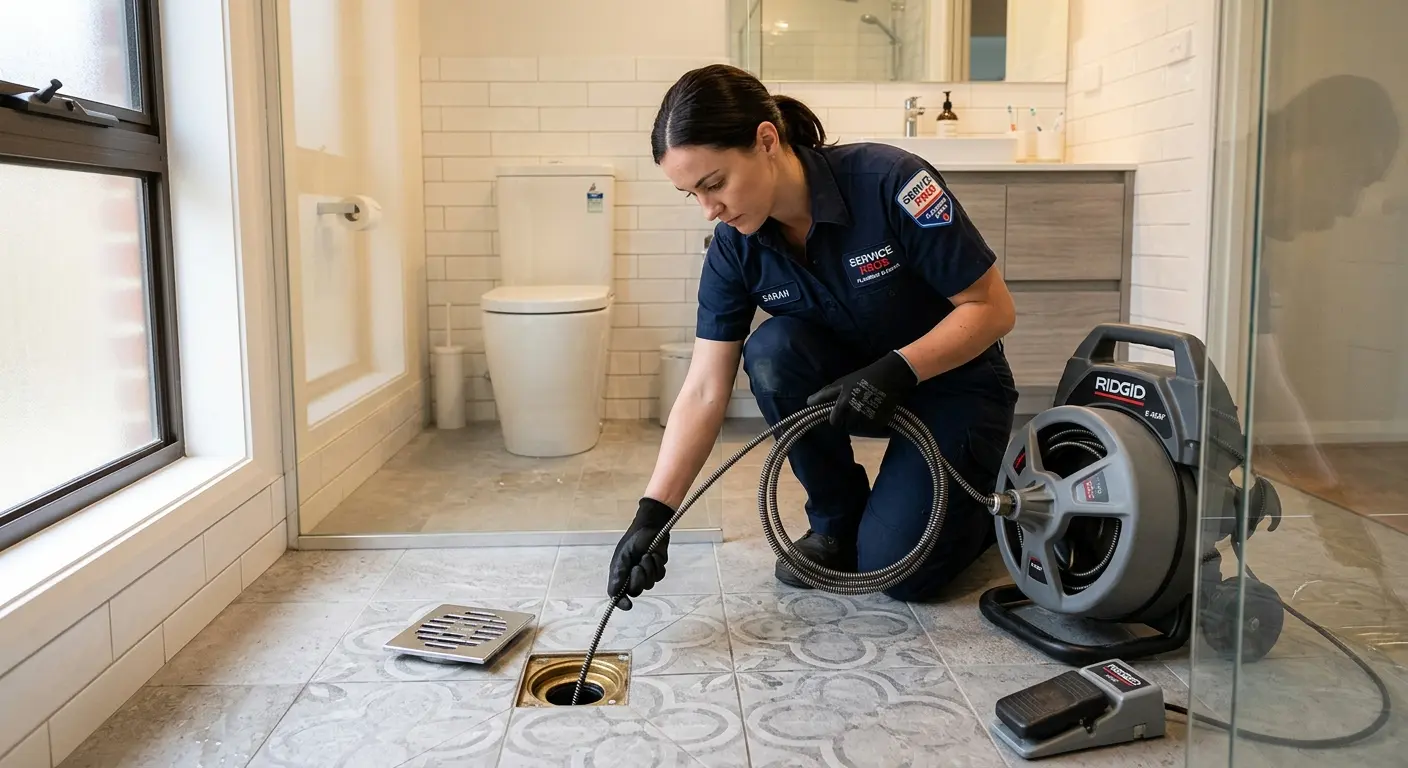 Technician clearing a bathroom floor drain for Drain Repair in Shawnee